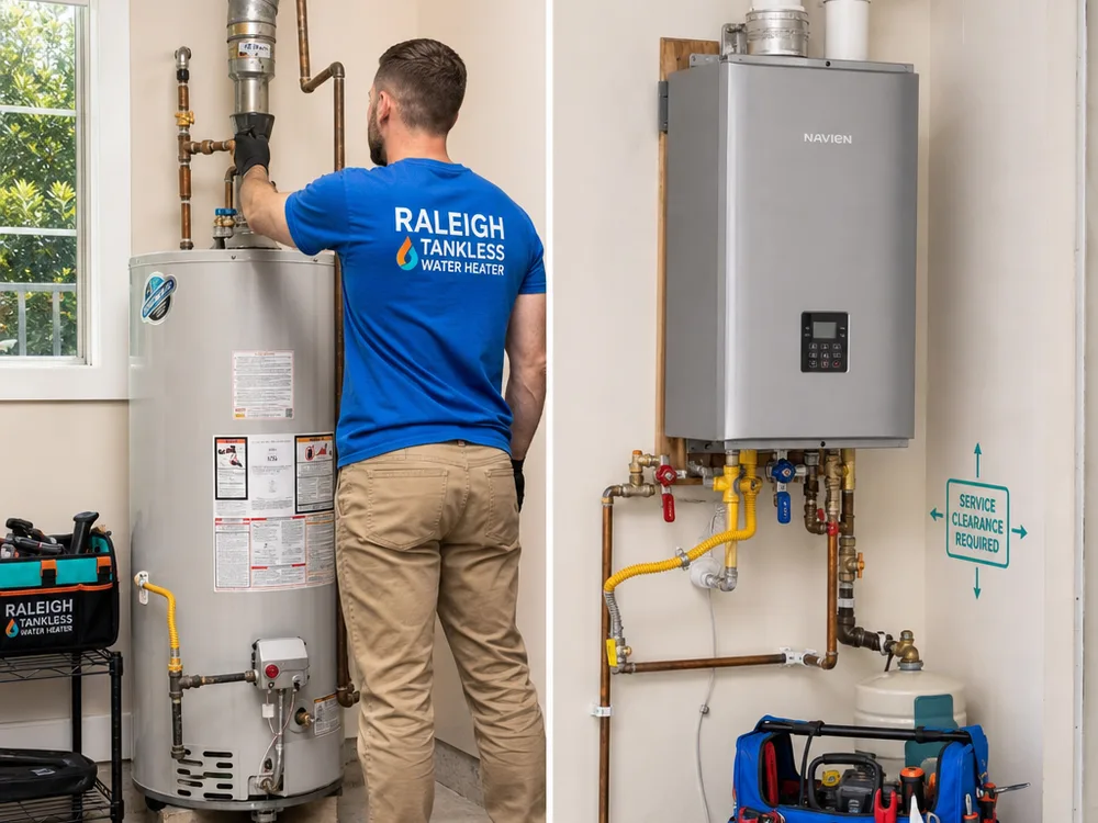 Standard tank and wall-mounted tankless water heaters with visible vent connections, shutoffs, and service clearances