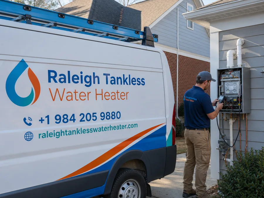 Technician diagnosing a tankless water heater with its front cover removed